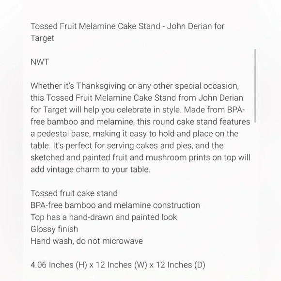NWT JOHN DERIAN HARVEST PRINT CAKE STAND - Picture 4 of 4